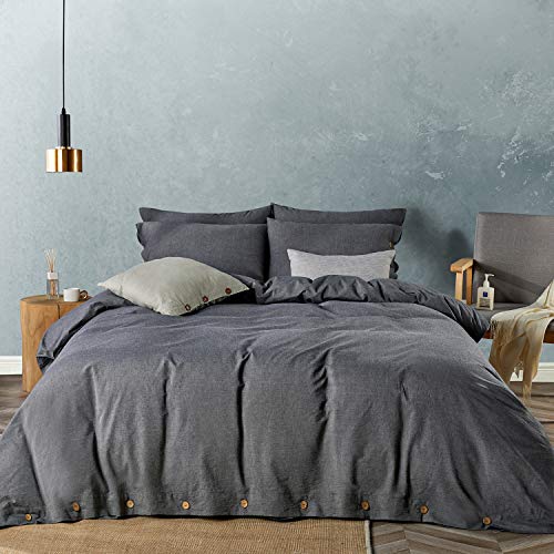 Image of JELLYMONI Cotton Duvet Cover Queen Size - Black Comforter Cover with Button 100% Washed Cotton 3PCS Breathable Soft Solid Bedding Set Duvet Cover 90x90in & 2 Pillowcases (NO Comforter)