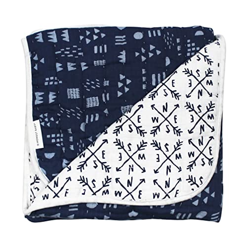 Image of HonestBaby Hand-Quilted Baby Blanket Reversible 100% Organic Cotton for Infant Boys, Girls, Compass /Pattern Navy, One Size