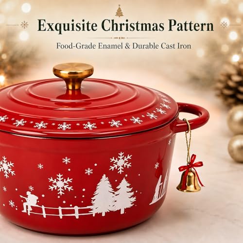 QuliMetal Schmortopf aus emailliertem Gusseisen, rund, 24 cm, mit weihnachtlichen Motiven | Für Schmoren, Eintöpfe & Braten… – Ansicht 3
