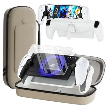 3-in-1 Accessoris Kit Compatible with PlayStation Portal, EVA Carrying Case for PS Portal with Silicone Protective Cover with Stand, 2 Pack Screen Protectors, Handbag for PS5 Portal (White)