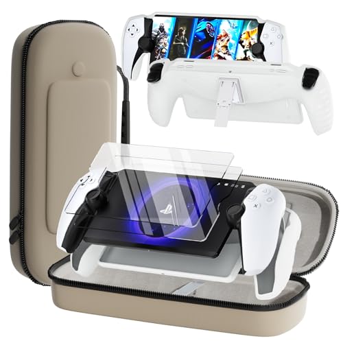 3-in-1 Accessoris Kit Compatible with PlayStation Portal, EVA Carrying Case for PS Portal with Silicone Protective Cover with Stand, 2 Pack Screen Protectors, Handbag for PS5 Portal (White)