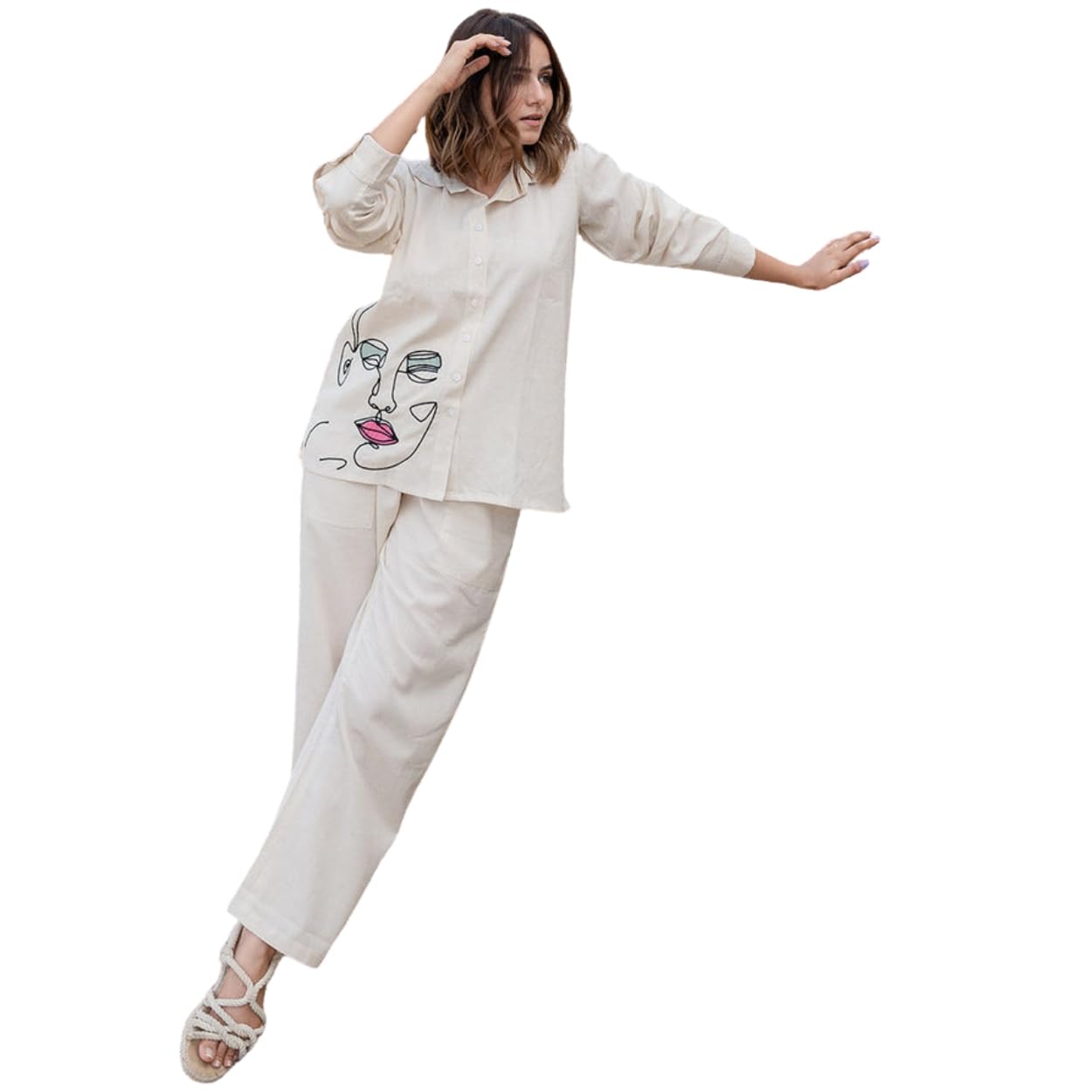Women's Cream Color Khadi Cotton Kurti with Traditional Dancer Doll Embrodery Work, V-Neck, 3/4 Sleeves, Casual Wear Kurta Set