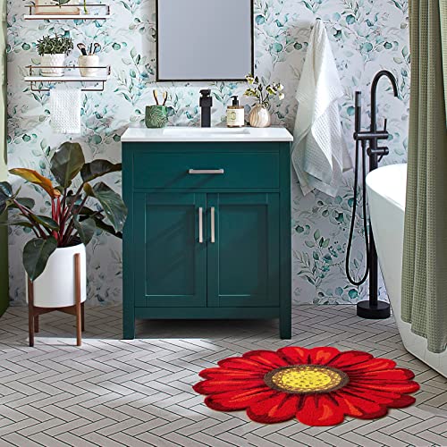Sunflower Rug For Kitchen Bathroom Bedroom Living Room - Hand Woven Round Flower Floor Mat Modern Area Rugs Runner, Red #TOP3