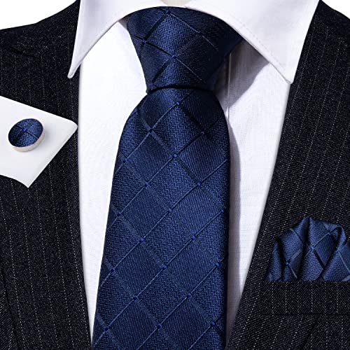 Image of Barry.Wang Plaid Ties Check Mens Necktie Set with Handkerchief Cufflinks Classic Stripe