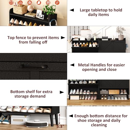 HOMEFORT Shoe Storage Cabinet for Entryway, 30\" Freestanding Organizer with Two Flip Drawers, Narrow Hidden Shoe Rack with Wood Legs, Farmhouse Shoe Cabinet for Front Door Entrance,Black