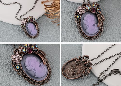 Image of Alilang Vintage Inspired Crystal Rhinestones Victorian Lady Cameo Pendant Necklace Maiden Flower Ribbon Bow Brooch Pin