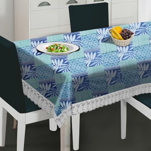 Image of The Furnishing Tree Waterproof PVC Rectangle Shaped 4 Seater Table Cover WxL 54x78 inches Surface Pattern Blue with White Border lace