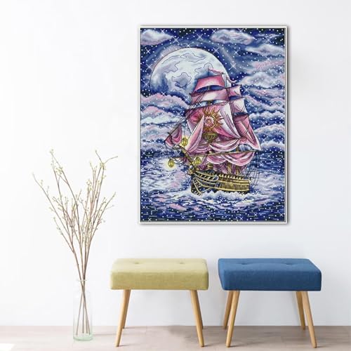 Image of Stamped Cross Stitch Kits Full Range of DIY Needlepoint for Adult Beginners Sailing Under the Stars Pattern, for Gift and Home Decor 14CT 2 Strands 13.7x17.3 inch