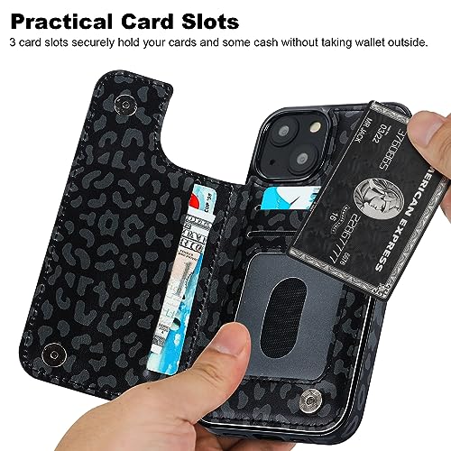 Image of HAOPINSH for iPhone 13 /14 Wallet Case with Card Holder, Black Leopard Cheetah Pattern Back Flip Case PU Leather Kickstand Card Slots Case for Women Girls, Double Magnetic Clasp Cover 6.1 inch