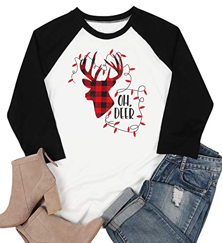 MNLYBABY OH Deer Baseball T Shirt for Women Merry Christmas Tees Cute Striped Elk Graphic Shirts Tops Saying White
