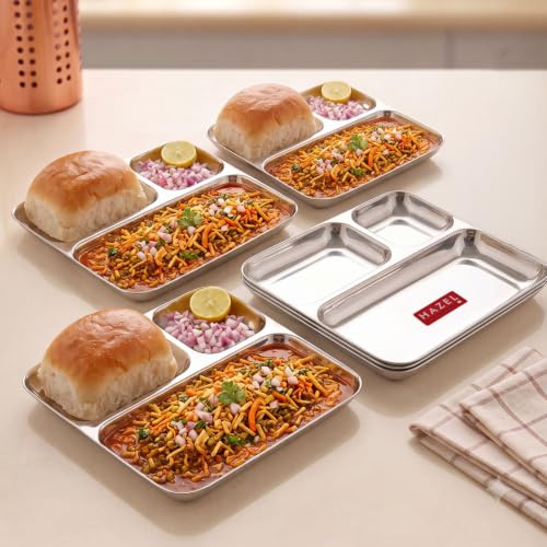 Image of HAZEL 3 in 1 Section Plate Set of 6 | Stainless Steel Dinner Section Thali