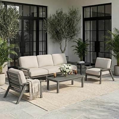 Tobeos HDPE 7 Piece Patio Furniture Set, Outdoor Couch with Washable Thick Beige Cushions & Coffee Table & Side Table, Outdoor Sectional Furniture for Backyard, Deck, Lawn, Porch (Gray Frame)