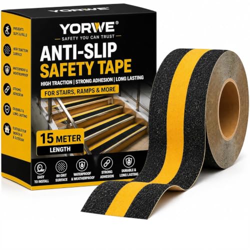Image of YORWE Anti Slip Stair Tape with Glow in the Dark Strip - Heavy Duty Waterproof Non Slip Traction Tape for Stairs, Steps, Outdoor & Indoor Safety (Black and Yellow, 15 Meter)