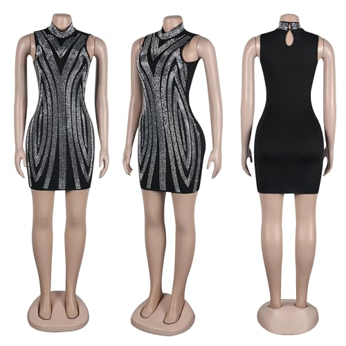 Image of PORRCEY Women's Sexy Elegant Rhinestone Bodycon Dress Hot Drilling Clubwear