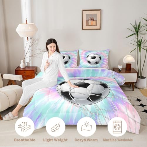 Image of Feelyou Football Comforter Set Full Size Soccer Bedding Set for Kids Boys Girls Watercolor Tie Dye Duvet Quilt Sports Bedroom Decor Microfiber 3 Pcs with 2 Pillow Cases