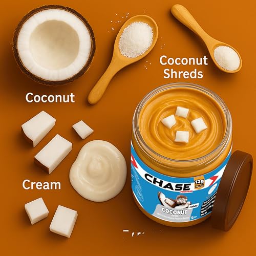 Image of Chase High Protein Peanut Butter Creamy 400g | With Isolate Whey & 120g Protein in Jar | 12g Per Serve | Milk Chocolate Coconut Flavour with Coconut Shreds | Nut Butter for Breakfast, Fitness & Gym