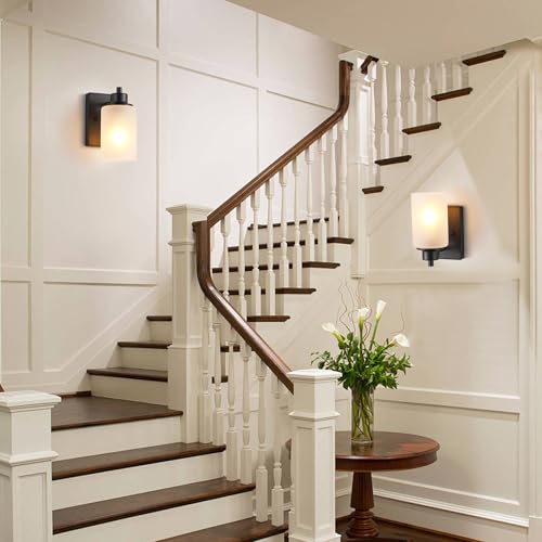 Image of 2-Pack Bath Vanity Light Fixture 1-Light, Indoor Farmhouse Bathroom Wall Sconces Lights for Living Room, Porch, Bedside, Black Finish with White Frosted Glass Shades Wall Mounted Lights