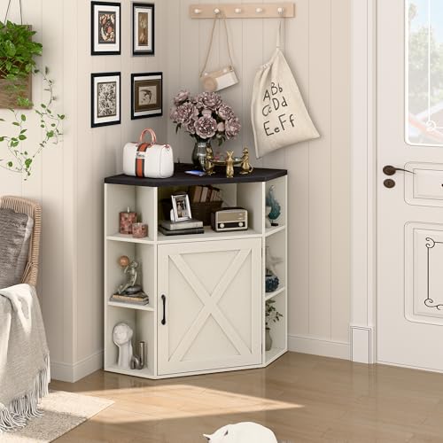 Image of Halitaa Corner Storage Cabinet, Farmhouse Corner Bookshelf with Storage 6-Cubby Wooden Cabinet with USB Ports and Outlets Industrial Organizer for Small Space, Study, Playroom, Living Room