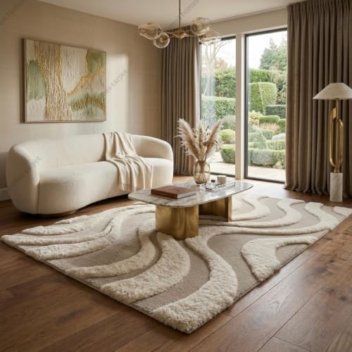 Image of SWEET HOMES Luxury Abstract Shag Rug, Thick Soft Area Carpet for Living Room, Bedroom, 12 x 18 Feet (366 x 549 cm), Beige & Ivory