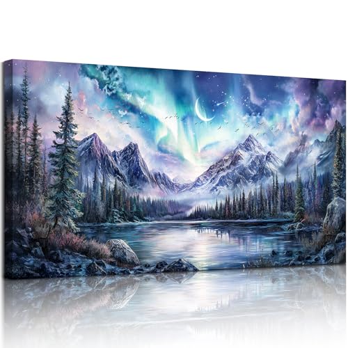 SERIMINO Aurora Landscape Large Wall Art, Mountain Forest Lake Nature Decor Art Prints, Fantasy Nightscape Artwork for Walls, Moonlit Night Canvas Art Wall Decor Living Room Bedroom Office 24"X48"