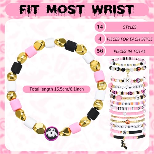 56 Pcs Halloween Bracelets for Women Pink Stackable Beaded Friendship Bracelets Set Tretch Clay Heishi Boo Pumpkin Skull Ghosts Bat Halloween Jewelry Bulk Party Favors Accessories Gifts2