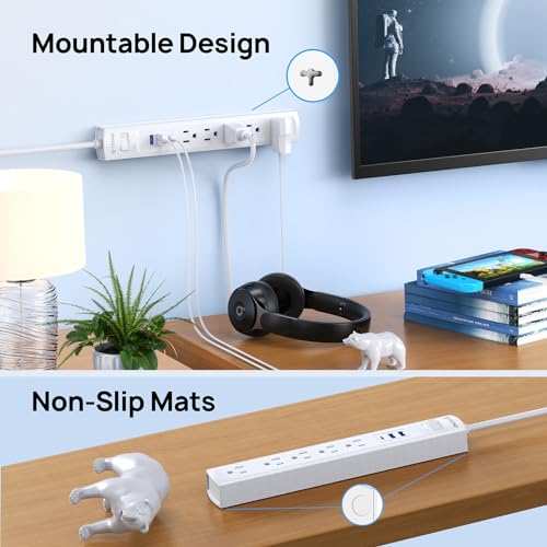 TROND Surge Protector Power Bar with 2 USB C, 6ft Flat Plug Extension Cord Indoor, 5 Outlet Extenders, 1440J Desktop Expander, Wall Mount, Dorm Room Home Travel Essentials Office S image 1