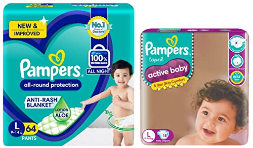 Image of Pampers All round Protection Pants, Large size baby Diapers, (L) 64 Count Lotion with Aloe Vera & Active Baby Taped Diapers, Large size diapers, (L) 18 count, taped style custom fit