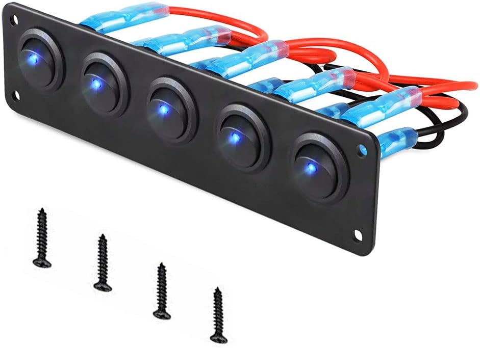 12V Rocker Switch Panel Circuit Breaker Waterproof 5 Gang 3 Pin On/Off Toggle LED Switches for RV Marine Car Vehicle Trailer Truck SUV Boat RV Ship DC 12V/24V 20A