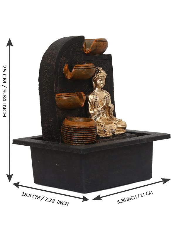 Image of Polyresin Golden Brown Namaskara Mudra Buddha Indoor Table Top Home Decor 3 Steps Water Fountain with Multicolour LED & Speed Controller Pump (Size: 25 x 21 x 18.5CM |Weight: 1170grm)