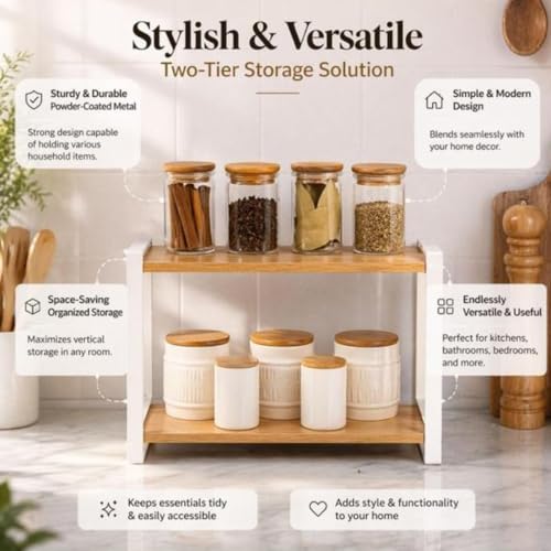 Image of 2 Tier Wooden & Metal Spice jar Masala Rack Organizer | Countertop Storage Stand for Kitchen, Bathroom & Cosmetics | Space-Saving Multi-Purpose Rack (White & Beech)