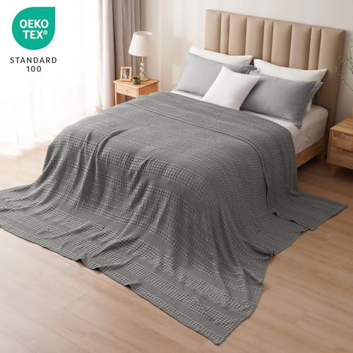Image of PHF 100% Cotton Waffle Blanket Oversized King 120 inchx120 inch, Lightweight Breathable Extra Large 10'x10' Blankets for Bed, Giant Big Luxury Aesthetic Woven Bedding for Home Decor, Dark Grey