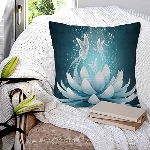 Fundas de almohada, hermosas flores de loto con mariposa, meditación espiritual, yoga, funda de almohada cuadrada de 18 x 18 pulgadas, funda de almohada para decoración de sofá y dormitorio