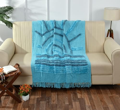 Image of 100% Handloom Aqua & Blue Cotton Sofa Throw | 50x60 inch Soft Lightweight Boho Blanket for Sofa & Bed | Decorative All-Season Couch Cover with Tassels