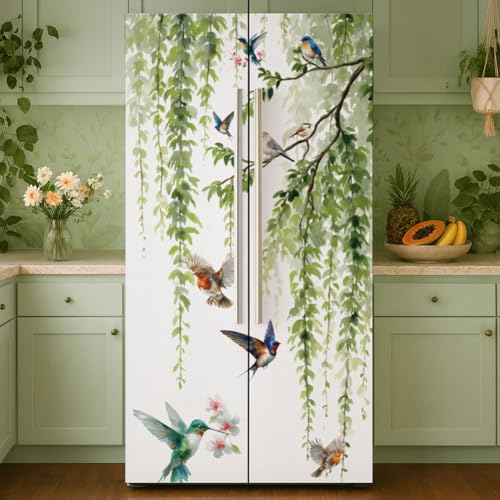 GOMAKERER 2 autocollant Amovible pour Réfrigérateur à Motif D'Oiseaux et de Saule Autocollant Mural en Vinyle pour Porte de Réfrigérateur Congélateur...