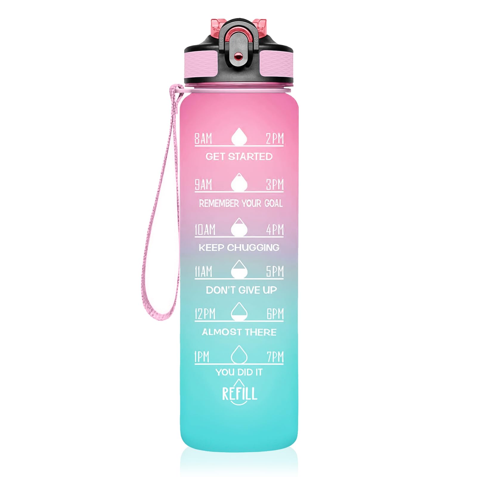 Borraccia sportiva motivazionale con cannuccia, bottiglia d'acqua con indicatore del tempo di bere, bocca larga, a prova di perdite, materiale Tritan, senza BPA, con tracolla (sfumato blu viola