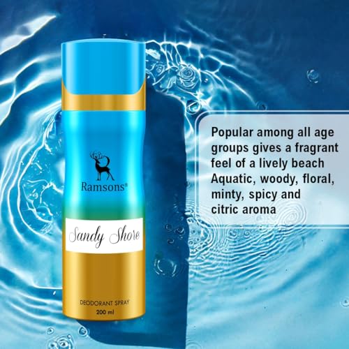 Image of Ramsons - SANDY SHORE Deodorant Spray | 200 ML x 2 | Body Spray For Women | TN - Mint, Lavender, Bergamot, Mandarin orange | MN - Sea grass, Ginger, Jasmine, Rose | BN - Musk, Sandalwood, Cedar