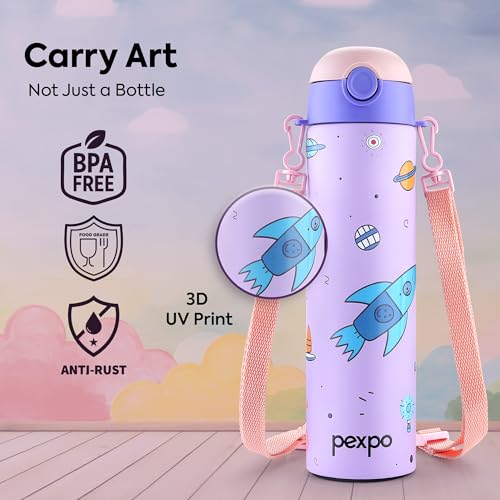 Image of Go24 pexpo Sporty ISI Certified Stainless Steel Water Bottle For School Kids - 700ml (Pack Of 2) | 6+ Years | Sipper Cap | Leakproof & BPA Free | Picnic, Travel, Sport - Purple Rocket UV Print