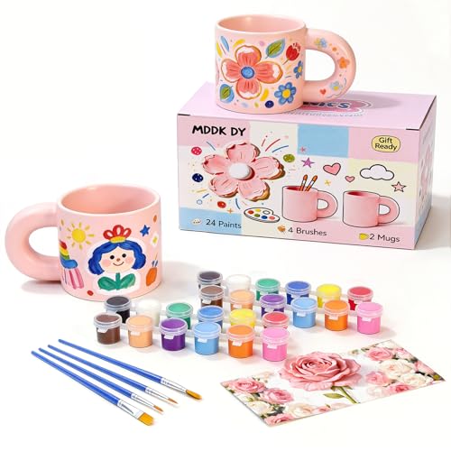 MDDK DY Mug Painting Kit Paint Your Own Mugs Set with 2 Pink Ceramic Mugs 24 Paints 4 Brushes & Guide Personalised DIY Mug Kit Creative Gift for Adults