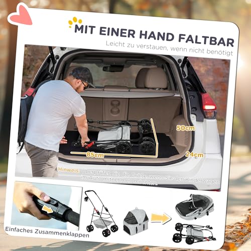 PawHut Hundewagen 3 in 1 Hundebuggy klappbar für Hunde & Katzen bis 4 kg Katzenbuggy mit Kissen Netzfenstern Getränkehalter Aufbewahrungskorb Katzenwagen Buggy Hellgrau