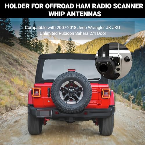 Image of CB Radio Antenna Spare Tire Mount Bracket for 2007-2018 Jeep Wrangler JK JKU Unlimited Rubicon Sahara 2 /4 Door, No-Drill Steel Antenna Holder for Offroad Ham Radio Scanner Whip Antennas