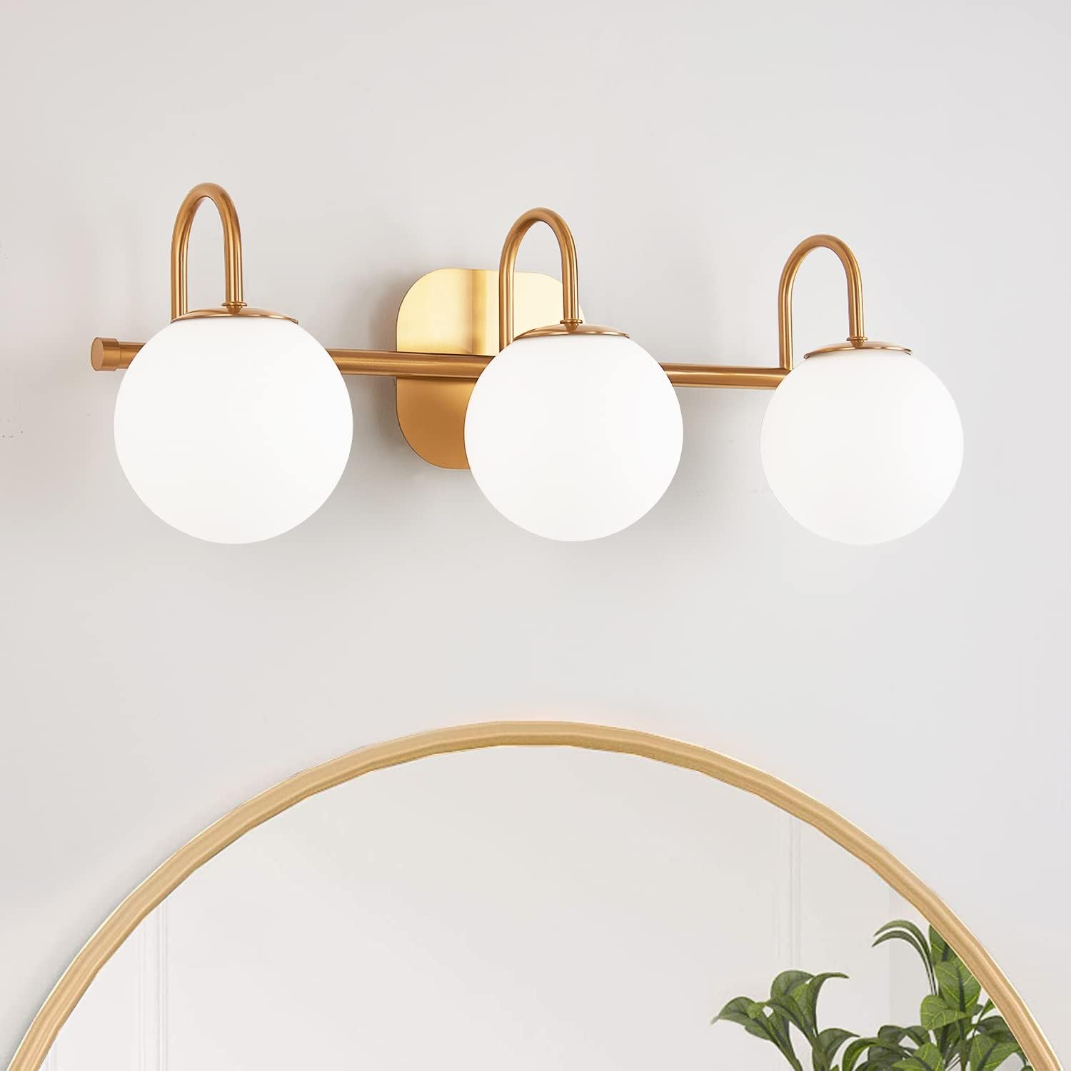 Modern Bathroom Vanity Light Fixtures 3 Lights Brushed Brass Frame and Milk White Glass Globe Shade Modern Wall Sconce Lighting Bath Vanity Lights Bar Over Mirror (Exclude G9 Bulb) Brushed Brass 3 lights