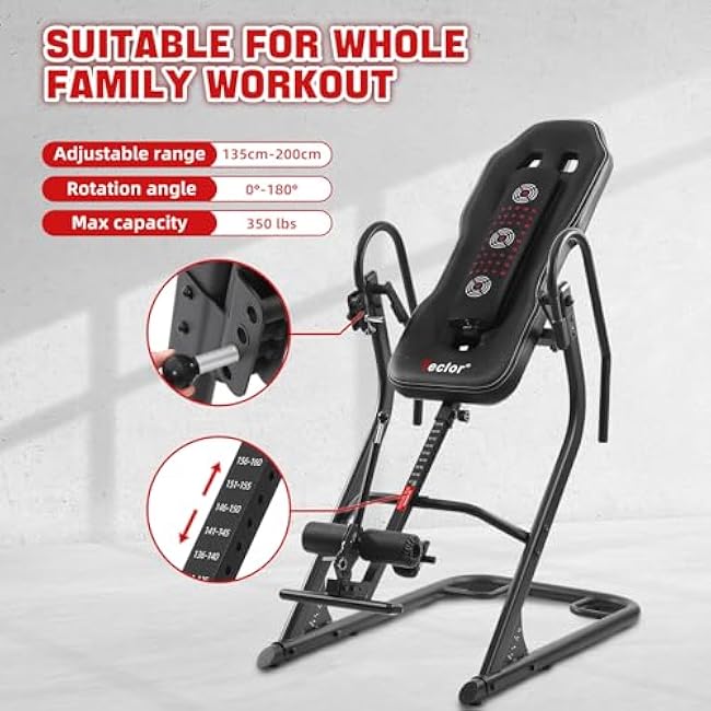 Inversion Table,Advanced Heat and Massage Function,Strength Training Inversion Table for Back Pain Relief,350 lbs Capacity with Thickened 3D Memory Foam backrest,Black