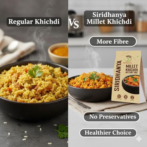 Image of SIRIDHANYA Millet Khichdi Instant Mix | Ready to Cook Millet Breakfast | High Fibre Savoury Mix | Tasty Homemade Style Khichdi in Minutes | Ideal for Busy Mornings & Light Meals (450g pack of 1)