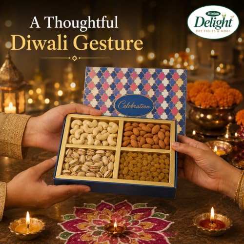Image of Leeve Diwali Dry Fruit Gift Box, Assorted Nuts, 200 g X 5 | 4-section fancy celebration hamper with assorted nuts for family, friends, colleagues, clients and festive occasions