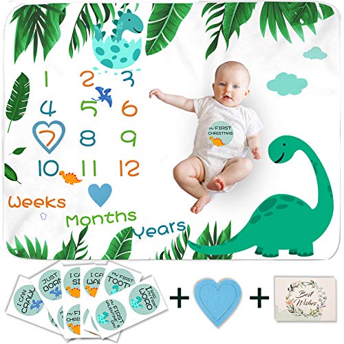 Image of Decoroca Dinosaur Baby Monthly Milestone Blanket - Perfect for Celebrating Your Baby's Growth - Capture Precious Moments Together (50" × 40" with 12 Stickers)