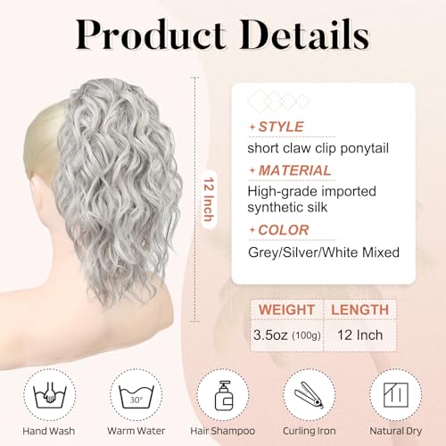 Flufymooz Ponytail Extension, 12" Short Claw Ponytail Extension Wavy Curly Jaw Clip in Pony tails Hair Extension Natural Synthetic Hairpiece for Women (Grey/Silver/White Mixed) - Image 4