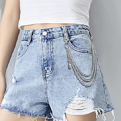 Pants chain, Belt chains for women men, 3 Layer Punk Pocket Chains for Hip Hop Rock Jeans Punk Trouser Wallet Pants Jeans Silver Metal Multilayer Body Link Chains, Decoration Clothes, Style 44