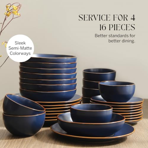 Image of Stone Lain Brasa Stoneware 16 Piece Modern Dinnerware Sets, Plates and Bowls, Service for 4, Blue, Microwave & Dishwasher Safe