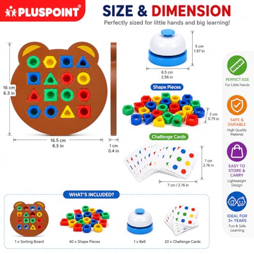Image of PLUSPOINT Shape Matching Puzzle Game for Kids | 30 Question Cards,32 Colorful Shapes,2 Bear Boards & Bell | Educational STEM Toy for 3+ Years |Montessori Learning Toy for Shape & Color Recognition