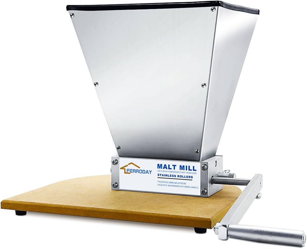 FERRODAY Malted Grain Mill - 2 Roller Stainless Steel Crusher, Heavy Duty Homebrew Grain Grinder, Adjustable Barley Crusher, Low Speed Drill Available, Manual Mill